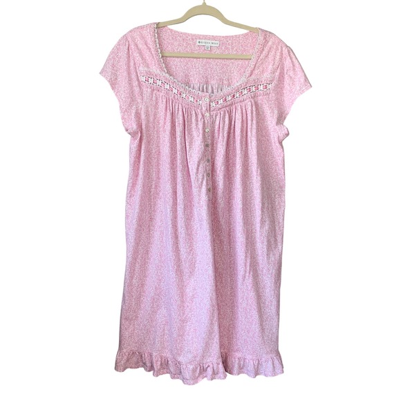 Eileen West Pink Floral Cotton Nightgown 1X Womens Lace Trim Ruffle Hem Nighty - Picture 1 of 8